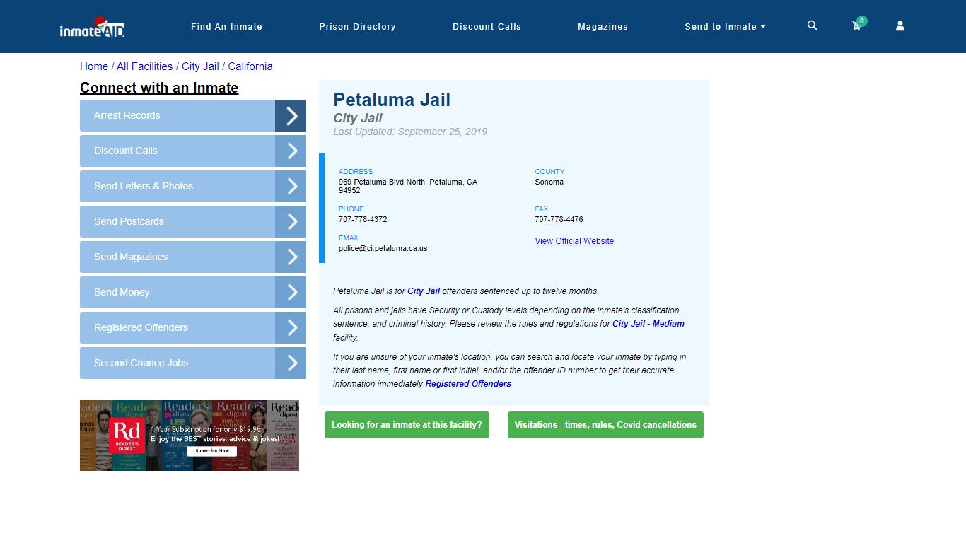 Petaluma Jail | Inmate Locator