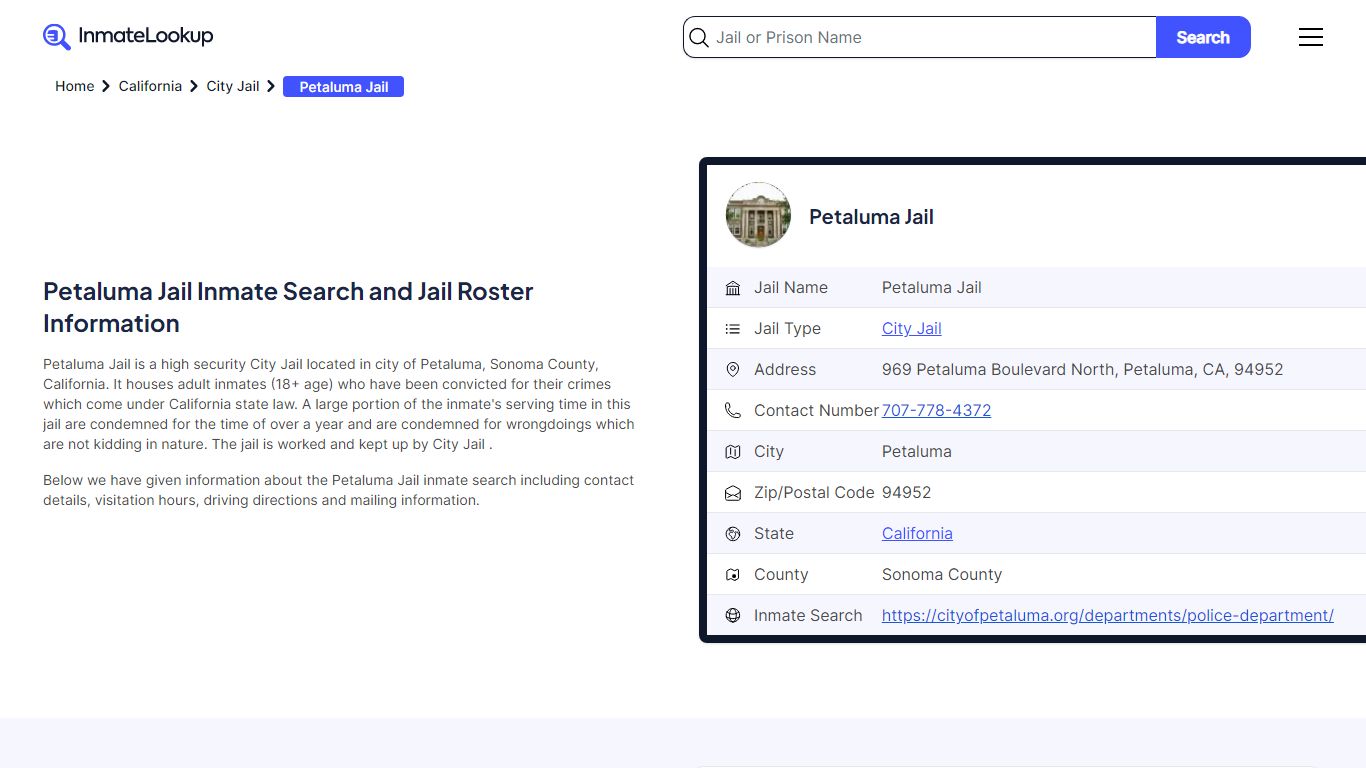 Petaluma Jail Inmate Search and Jail Roster Information